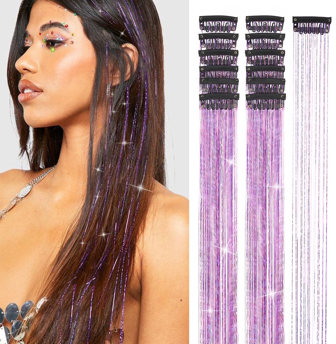 Hair Tinsels - Festival Glitter Hair Extensions - Glittery Hair Extensions - 12-Piece Clip-On Hair Accessory Set - 52cm, for Christmas and New Year, Glittery Hair Extensions, Suitable for Women, Girls and Children (Purple) - Image 1