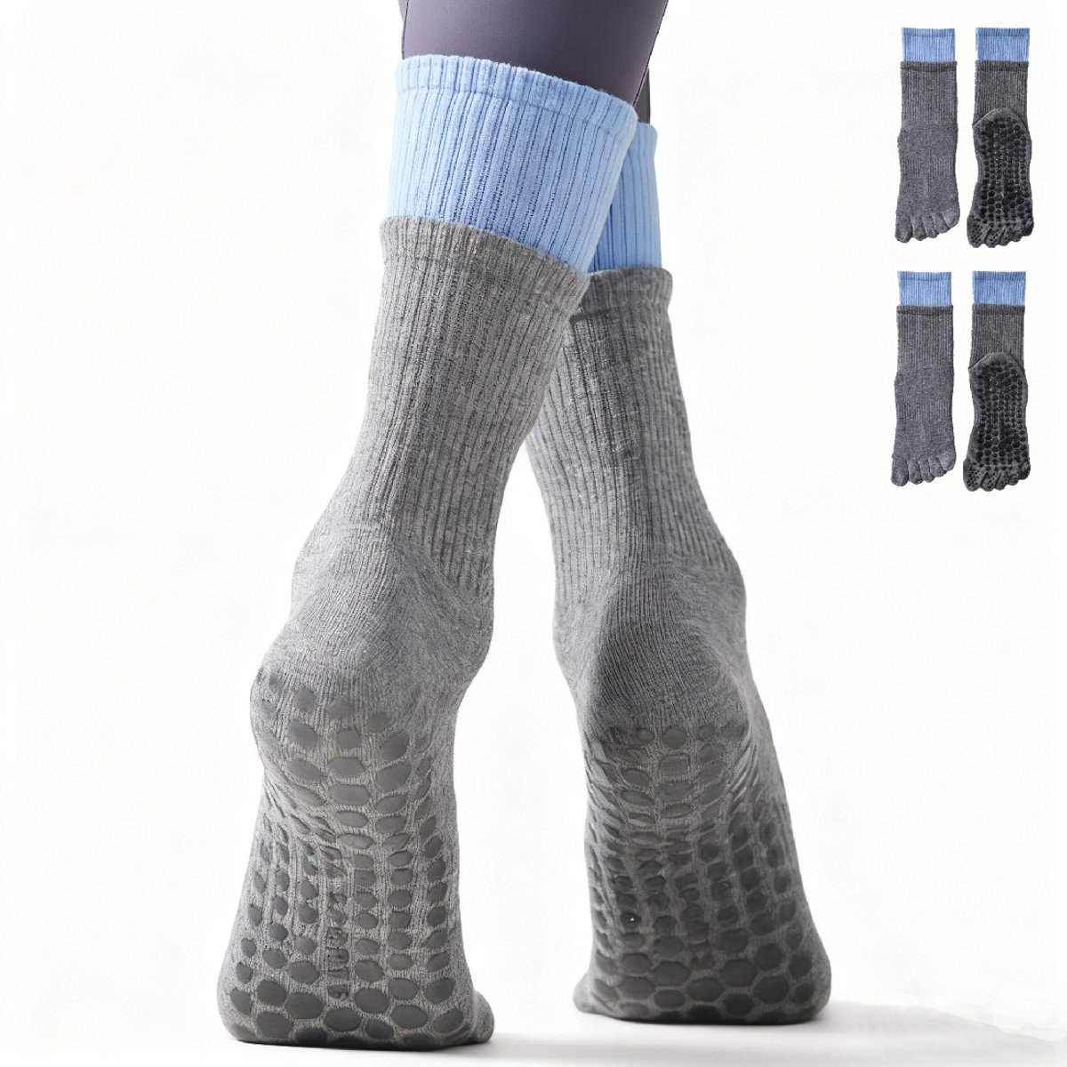 Yoga Socks (2 pairs) - Five Finger Yoga Socks - Non-slip Socks - Toe Socks - Pilates Socks - Suitable for Sports - Fitness - Dance - Gray - Image 1