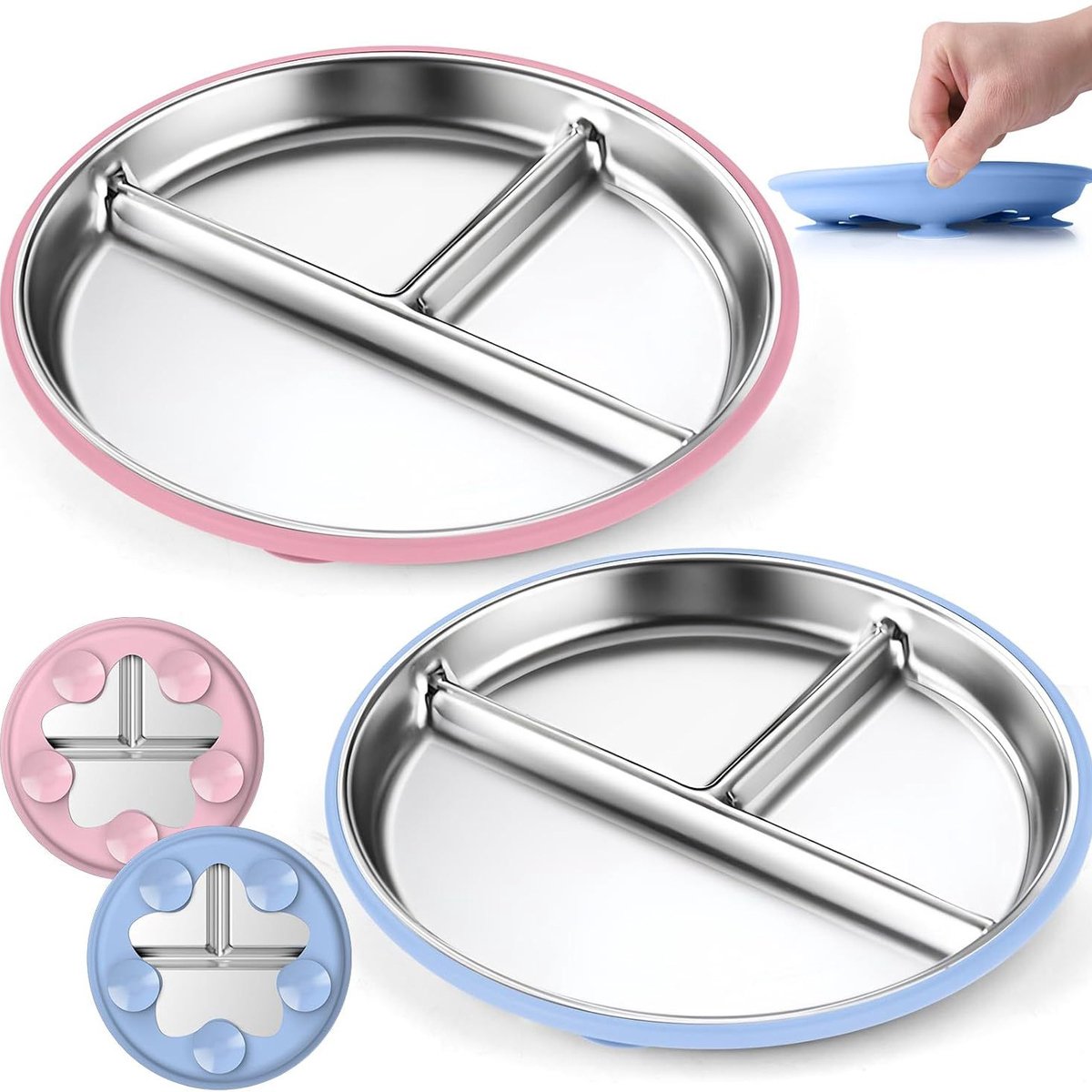 Children's Plate - Stainless Steel - Suction Cup - Shatterproof - Food Safe - 20 cm - Blue/Pink - Image 2