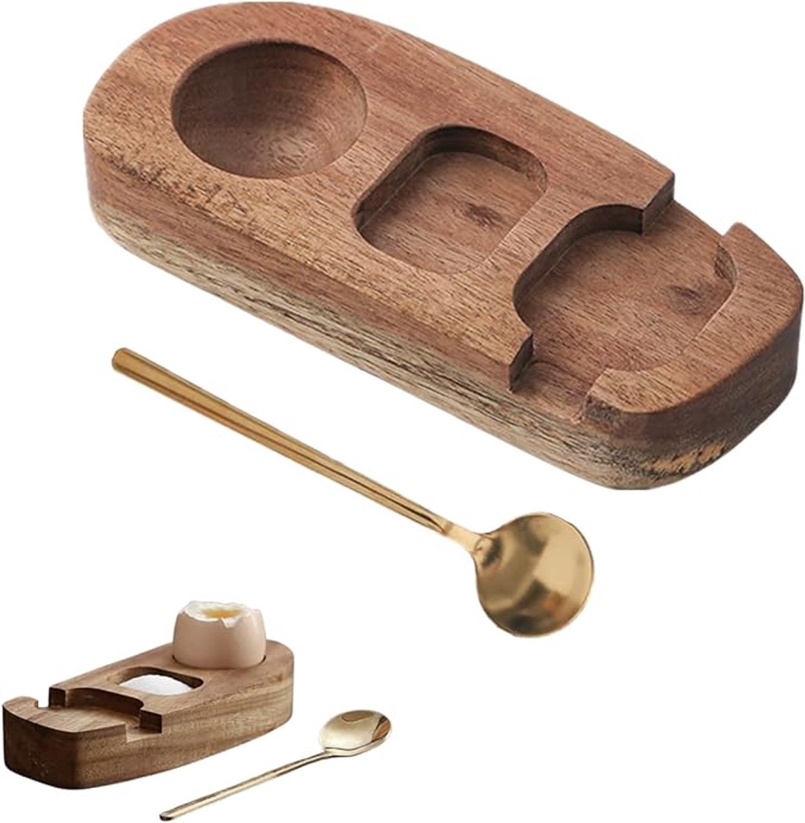 1 set - Wooden egg holder - with spoon - Stylish tray - Sturdy design - Suitable for breakfast, brunch, picnic and everyday use - Image 1