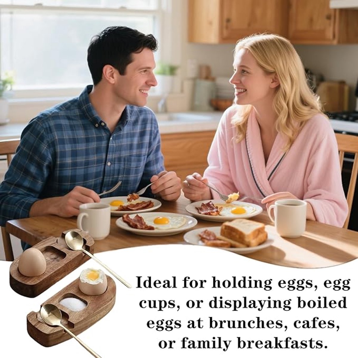 1 set - Wooden egg holder - with spoon - Stylish tray - Sturdy design - Suitable for breakfast, brunch, picnic and everyday use - Image 2