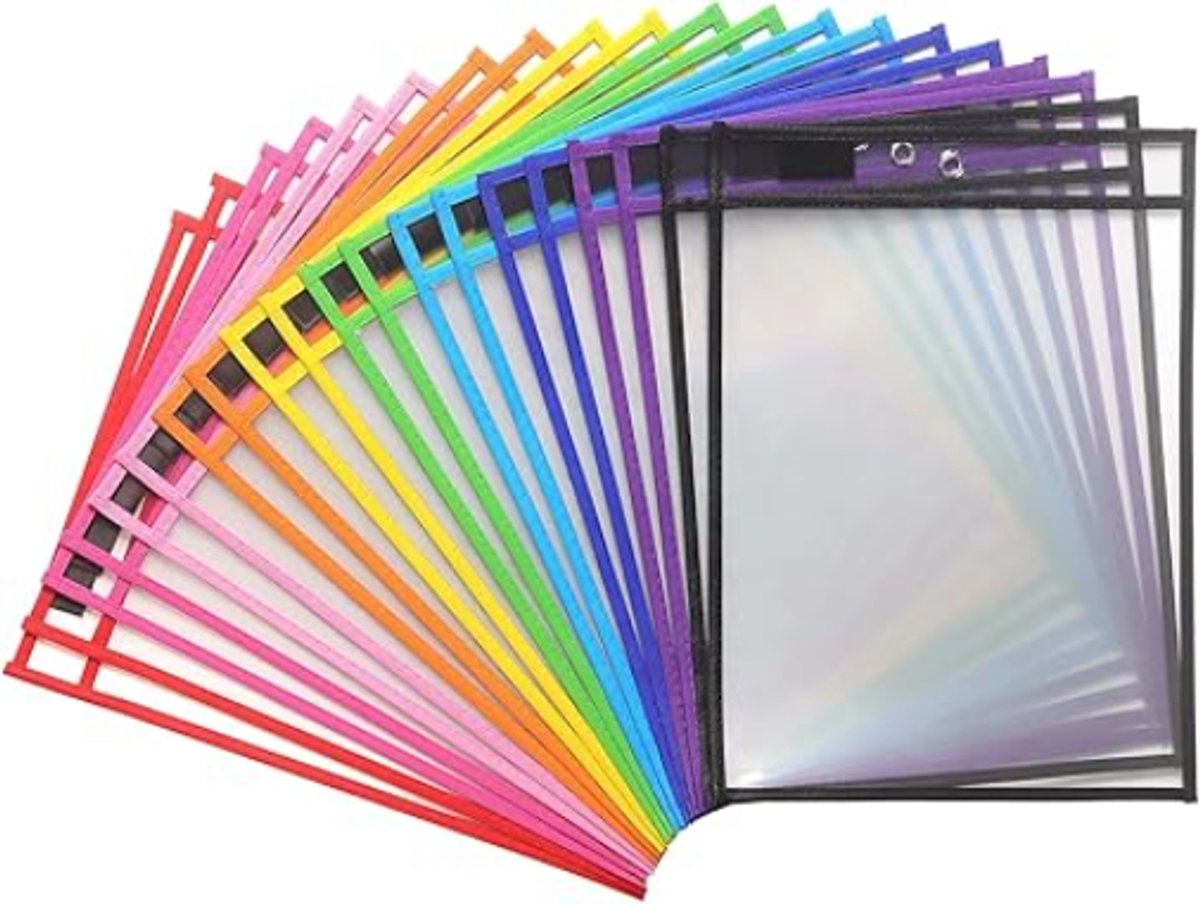 Erasable and Writable Folders - Pack of 20 | Includes 20 water-based whiteboard markers and 2 erasers - Transparent plastic folders/protective covers - Drawing and tracing bags for young children - Erasable and writable - Random colors - Image 1
