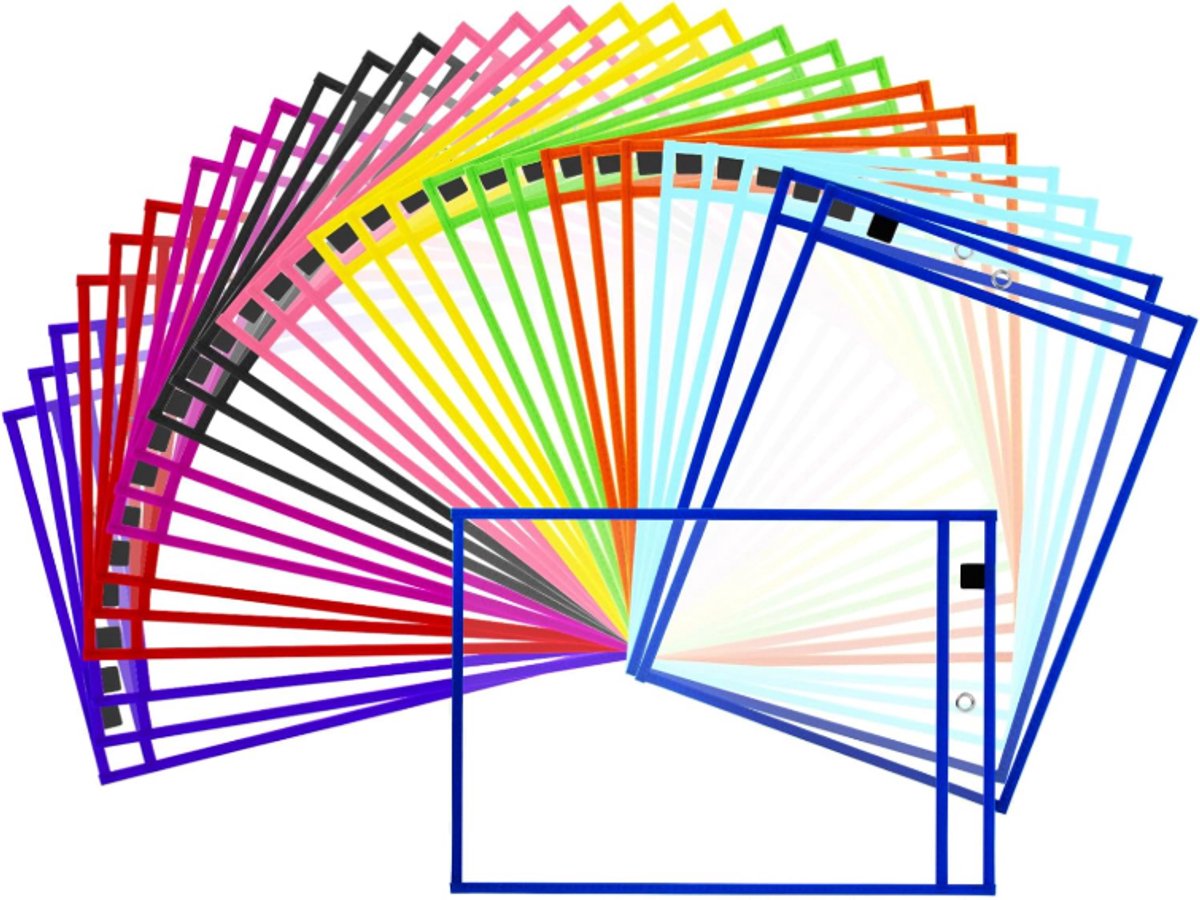 Erasable and Writable Folders - Pack of 30 | Includes 30 water-based whiteboard markers and 1 eraser - Transparent plastic folders/protective sleeves - Drawing and tracing bags for young children - Erasable and writable - Random colors - Image 1