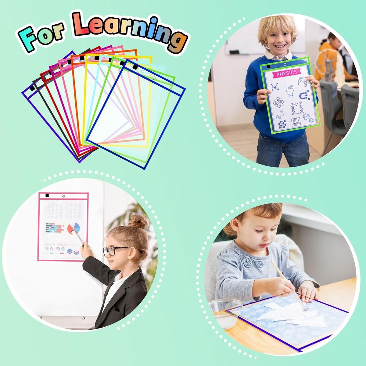 Erasable and Writable Folders - Pack of 30 | Includes 30 water-based whiteboard markers and 1 eraser - Transparent plastic folders/protective sleeves - Drawing and tracing bags for young children - Erasable and writable - Random colors - Image 3
