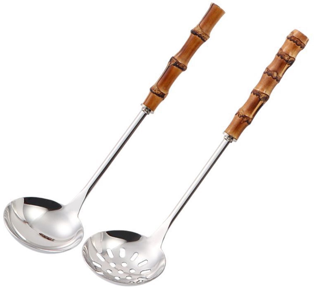 Spoons - 2-Piece Set - Stainless Steel Soup Spoon with Bamboo Handle - Long Handle Soup Spoon - Soup Spoon - Strainer - Strainer Set - Durable and Comfortable Kitchen Utensils - Image 1