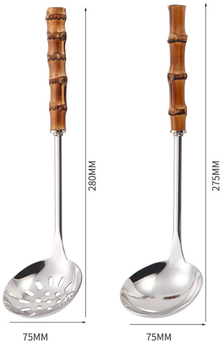 Spoons - 2-Piece Set - Stainless Steel Soup Spoon with Bamboo Handle - Long Handle Soup Spoon - Soup Spoon - Strainer - Strainer Set - Durable and Comfortable Kitchen Utensils - Image 8