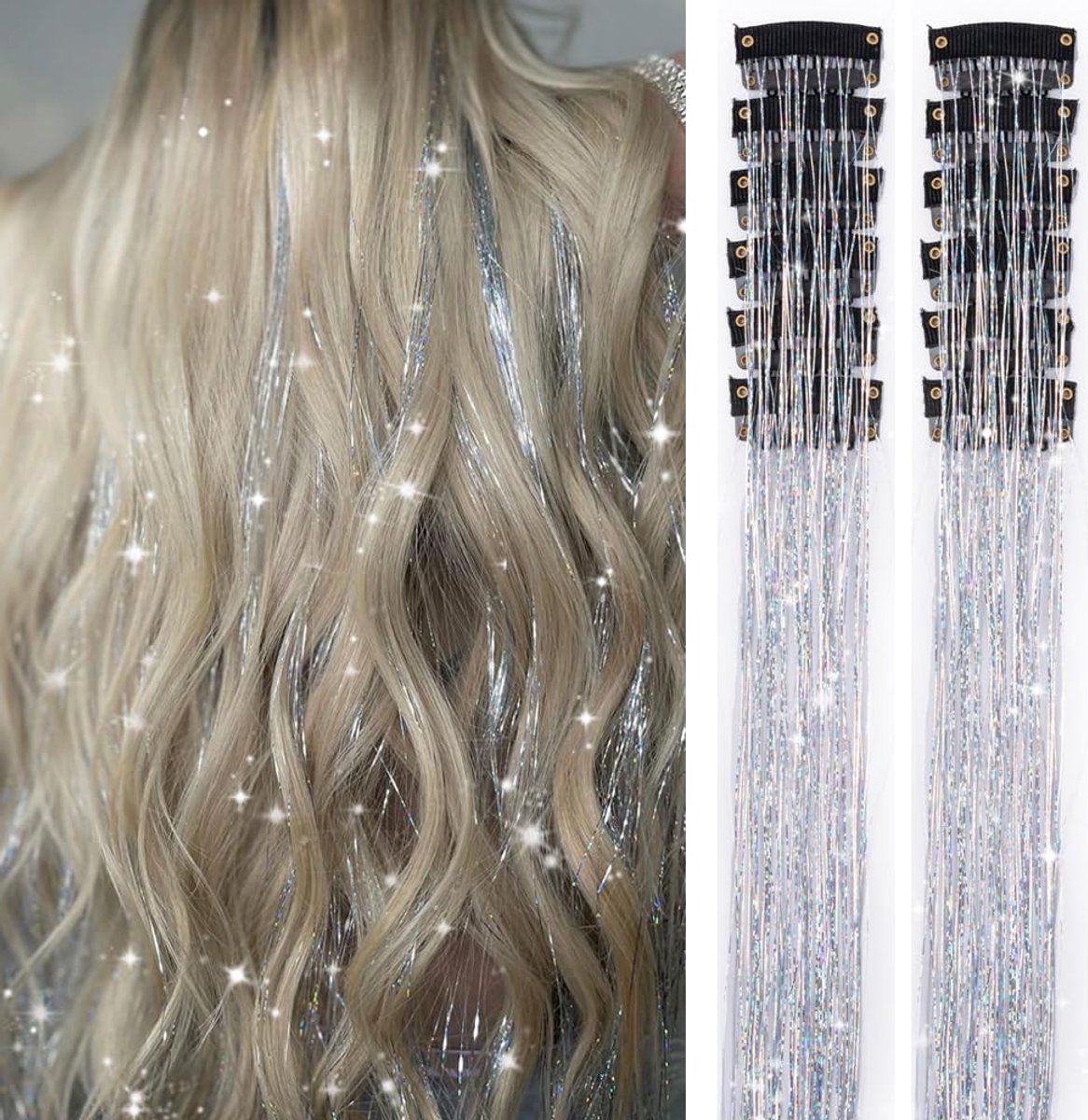 Hair Tinsels - Festival Hair Extensions - Glitter Hair Extensions - 12-Piece Clip-On Hair Accessory Set - 52cm Long, Christmas and New Year Glitter Hair Extensions, Suitable for Women, Girls and Children (Silver) - Image 1