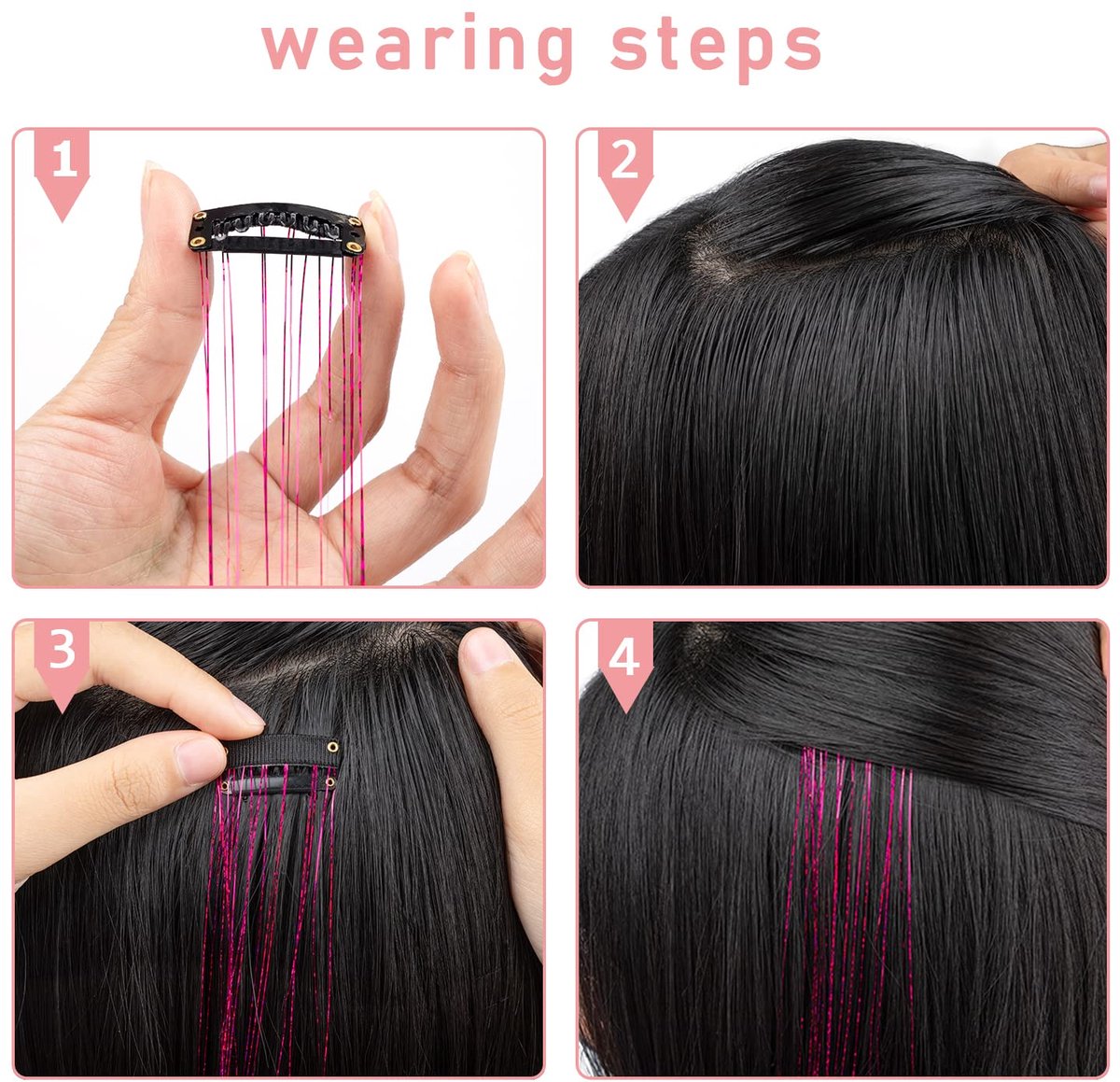 Hair Tinsels - Festival Hair Extensions - Glitter Hair Extensions - 12-Piece Clip-On Hair Accessory Set - 52cm Long, Christmas and New Year Glitter Hair Extensions, Suitable for Women, Girls and Children (Silver) - Image 2