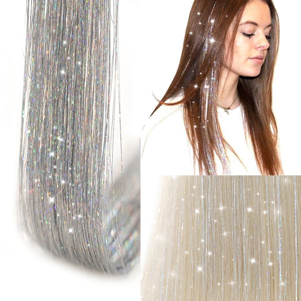 Hair Tinsels - Festival Hair Extensions - Glitter Hair Extensions - 12-Piece Clip-On Hair Accessory Set - 52cm Long, Christmas and New Year Glitter Hair Extensions, Suitable for Women, Girls and Children (Silver) - Image 5
