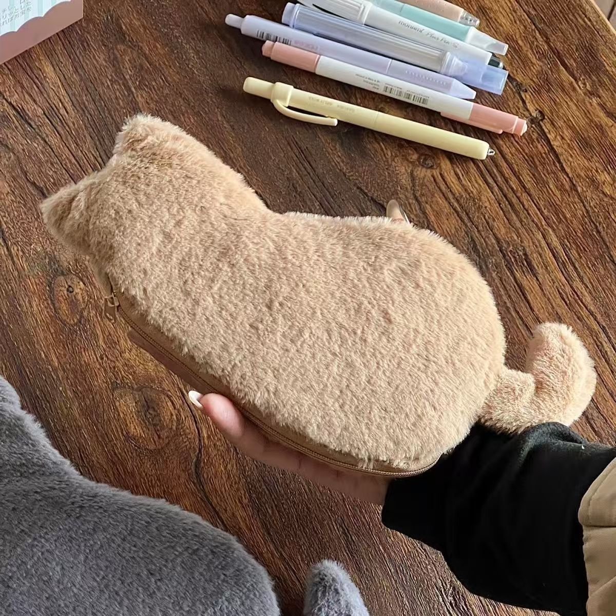 Student Storage Box - Pencil Case - Makeup Bag - Cute Cat Shaped Storage Bag - Creative Cat Shaped Storage Bag - Lightweight and Portable - Suitable for School, Office and Travel（Khaki） - Image 1