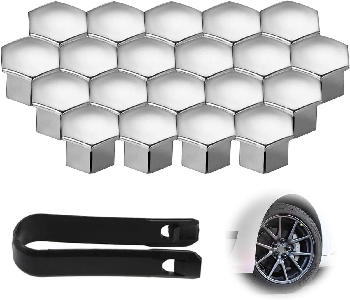 Universal wheel bolt covers (20 pieces) - 17 mm wheel bolt cover - wheel bolt cover - hexagon nut protector - with puller - suitable for all car brands (silver) - Image 1