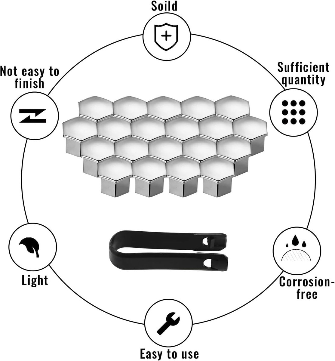Universal wheel bolt covers (20 pieces) - 17 mm wheel bolt cover - wheel bolt cover - hexagon nut protector - with puller - suitable for all car brands (silver) - Image 3