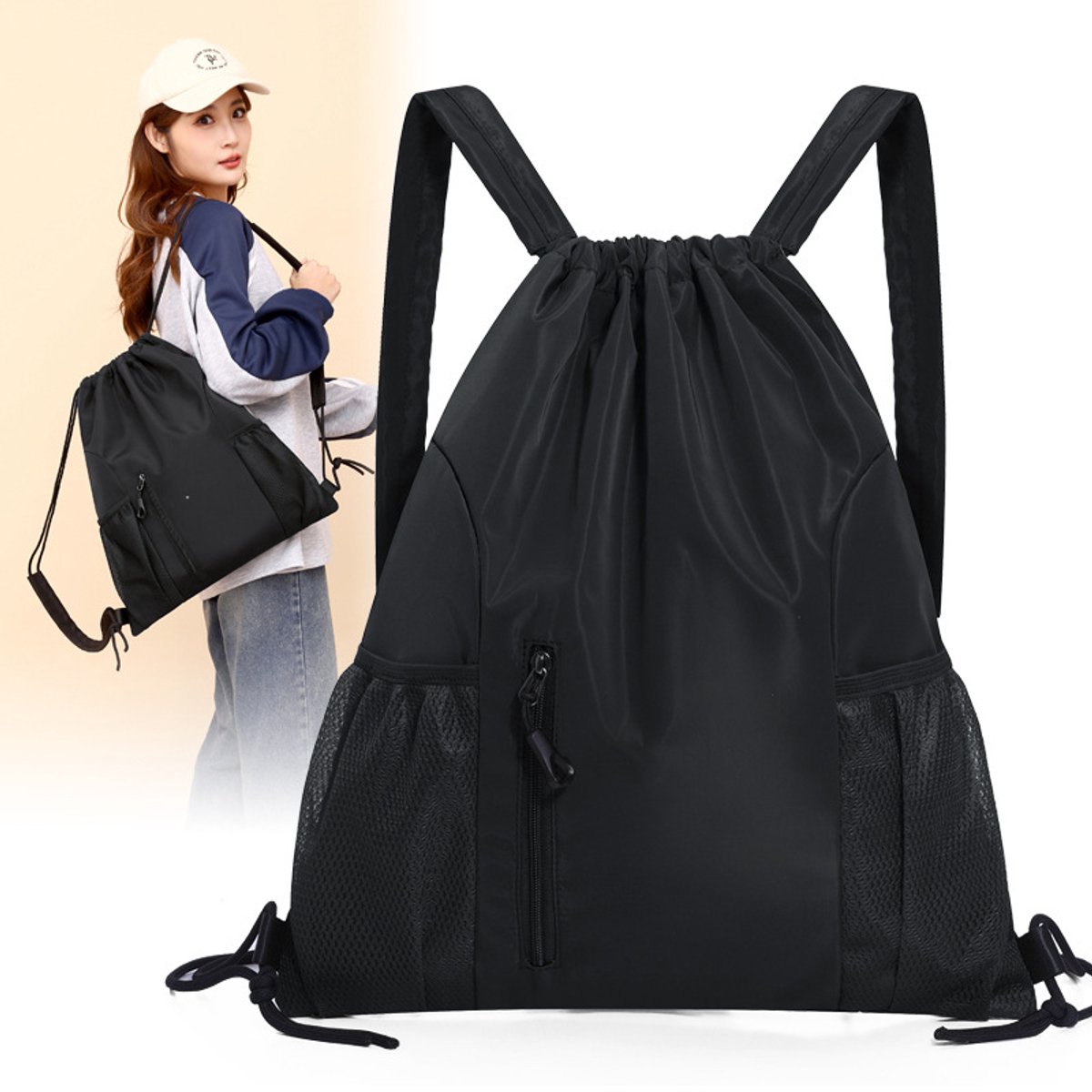 One-Piece Backpack - Drawstring Backpack - Large Capacity - Lightweight - Separate Wet and Dry Compartments, Sports Backpack - Suitable for Travel and Fitness - Black - Image 4