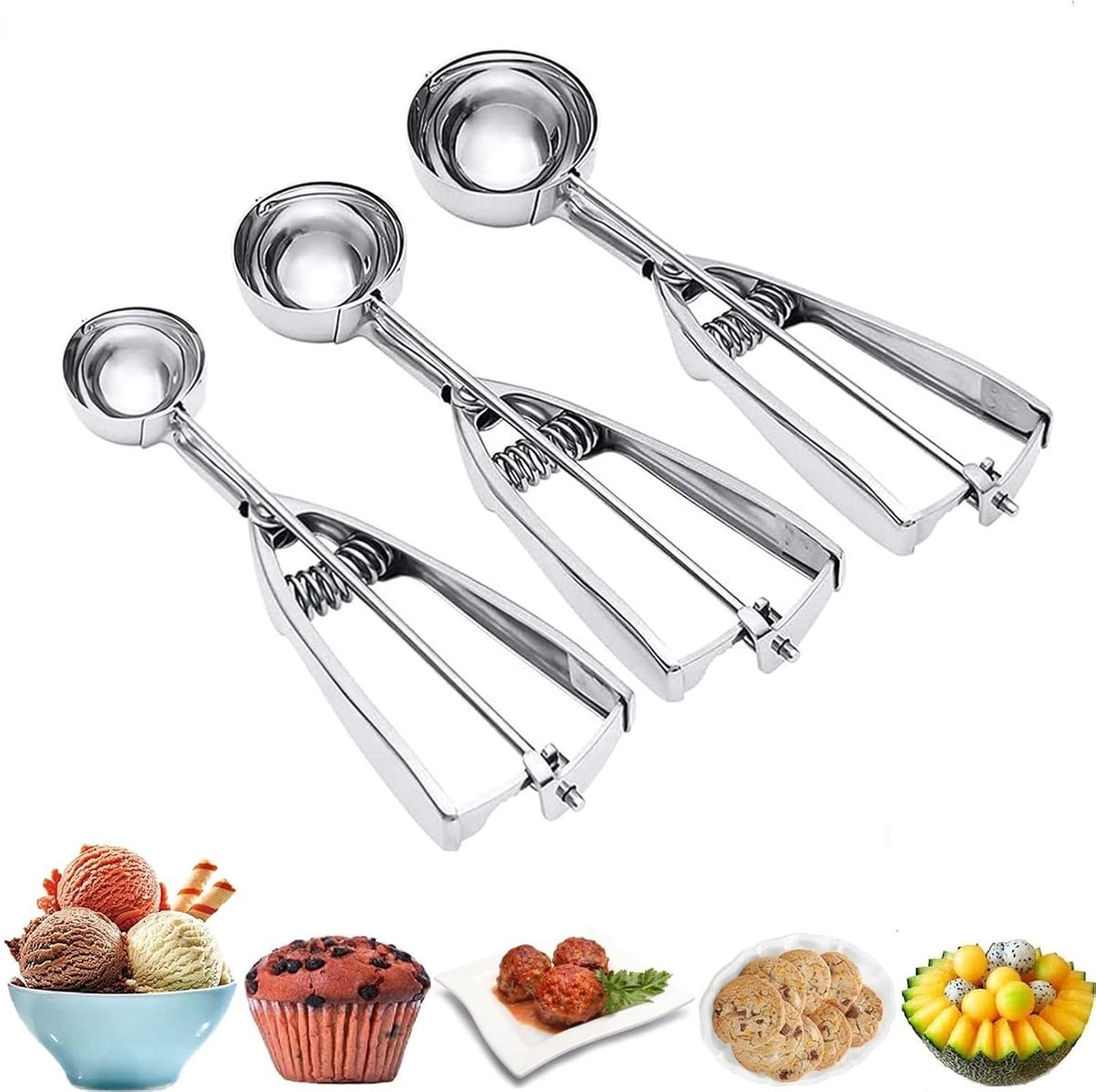 Three-Piece Ice Cream Scoop Set - Cookie Scoop Set - Stainless Steel Ice Cream Scoop with Trigger Mechanism - Large/Medium/Small Cookie Scoops - Baking Cookie Scoop Set - Image 1