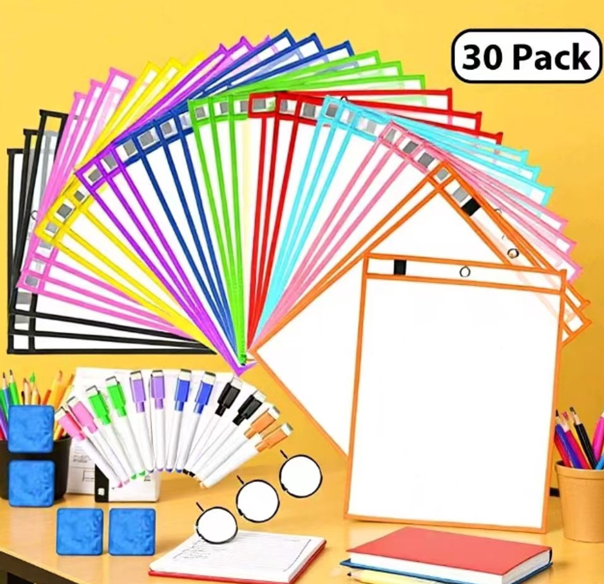 Erasable and Writable Folders - Pack of 30 | Includes 30 water-based whiteboard markers and 3 iron rings - Transparent plastic folders/protective covers - Drawing and tracing bags - Erasable and writable - Random colors - Image 1