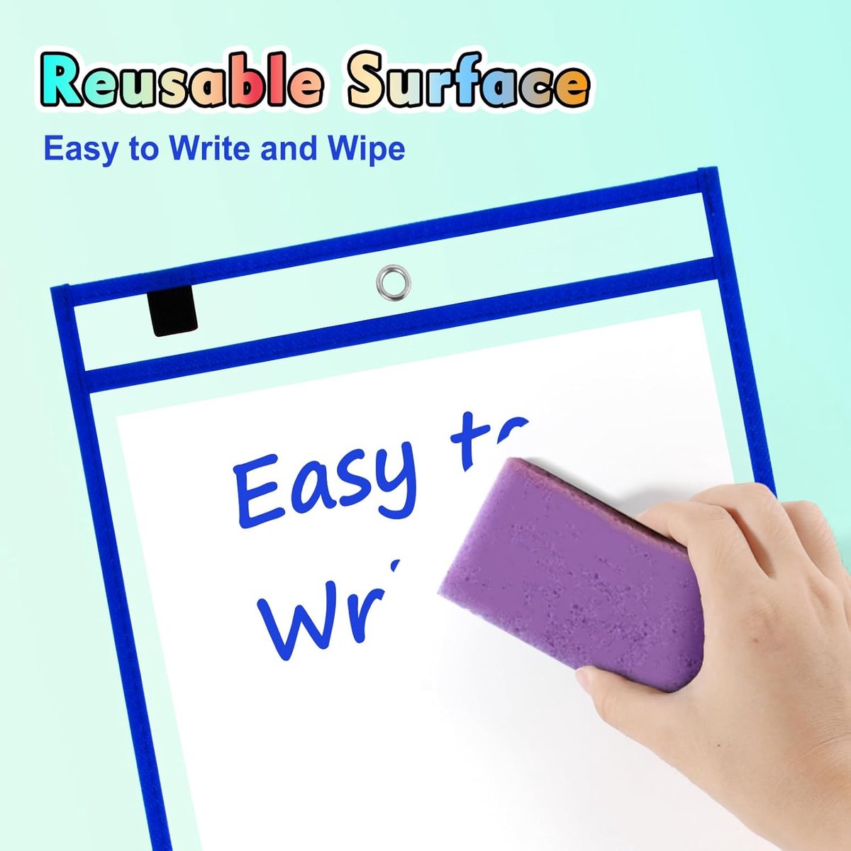 Erasable and Writable Folders - Pack of 30 | Includes 30 water-based whiteboard markers and 3 iron rings - Transparent plastic folders/protective covers - Drawing and tracing bags - Erasable and writable - Random colors - Image 3