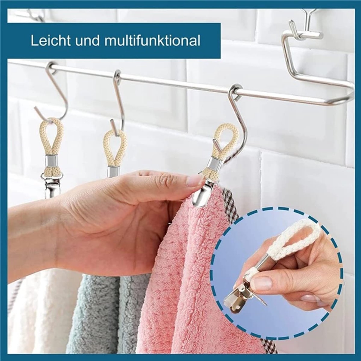 Set of 4 - Woven Cotton Ring, Metal Towel Clips - Hanging Ring and Storage Clips - Suitable for Home, Bedroom and Bathroom - Multifunctional - Image 5