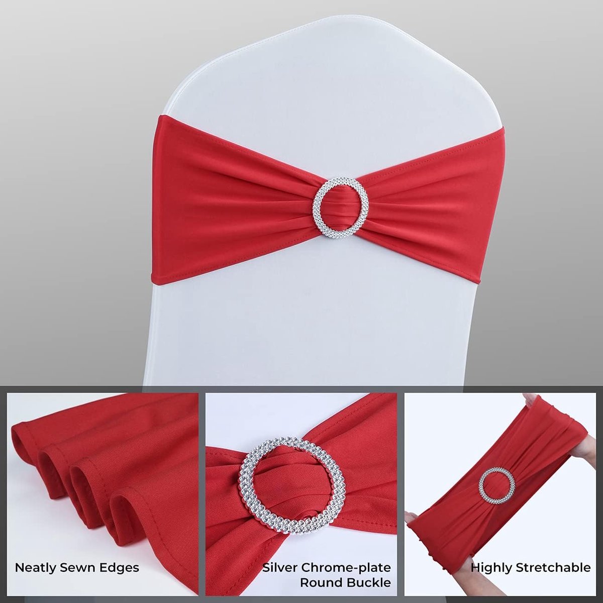 Chair Covers - Pack of 5 - Christmas Chair Covers - Party Chair Covers - Premium Elastic Chair Cover Straps - Buckle Slider - Universal Elastic Chair Straps - Wedding - Ceremony - Banquet Decoration - Red - Image 2