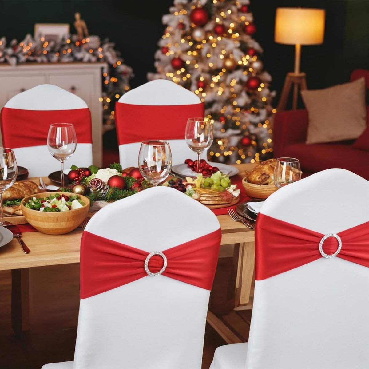 Chair Covers - Pack of 5 - Christmas Chair Covers - Party Chair Covers - Premium Elastic Chair Cover Straps - Buckle Slider - Universal Elastic Chair Straps - Wedding - Ceremony - Banquet Decoration - Red - Image 4