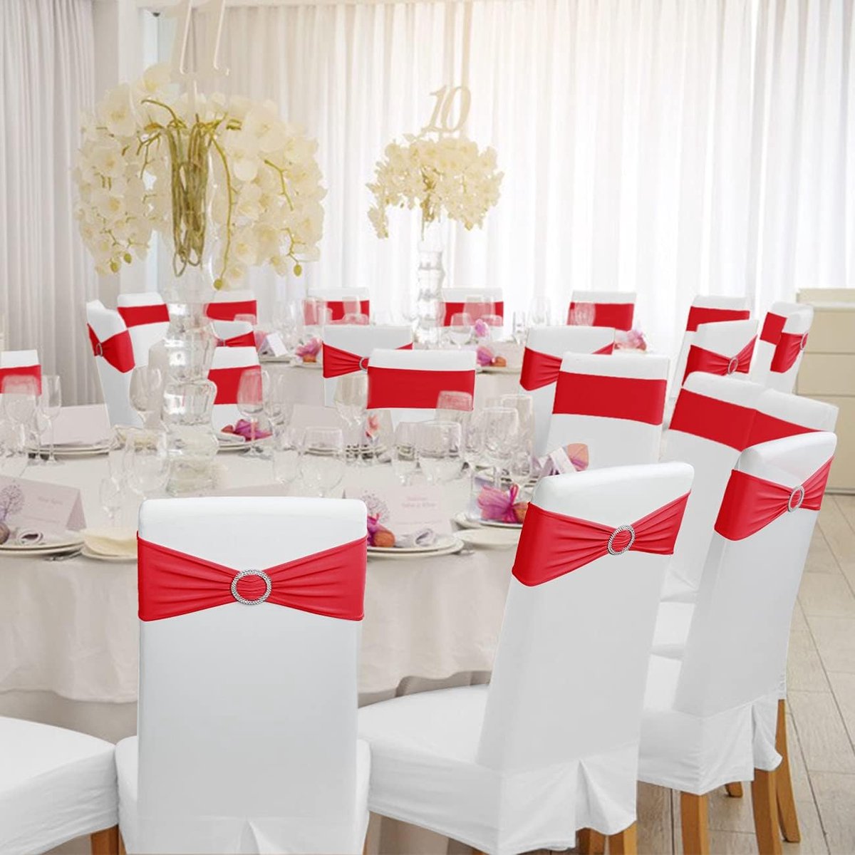 Chair Covers - Pack of 5 - Christmas Chair Covers - Party Chair Covers - Premium Elastic Chair Cover Straps - Buckle Slider - Universal Elastic Chair Straps - Wedding - Ceremony - Banquet Decoration - Red - Image 6