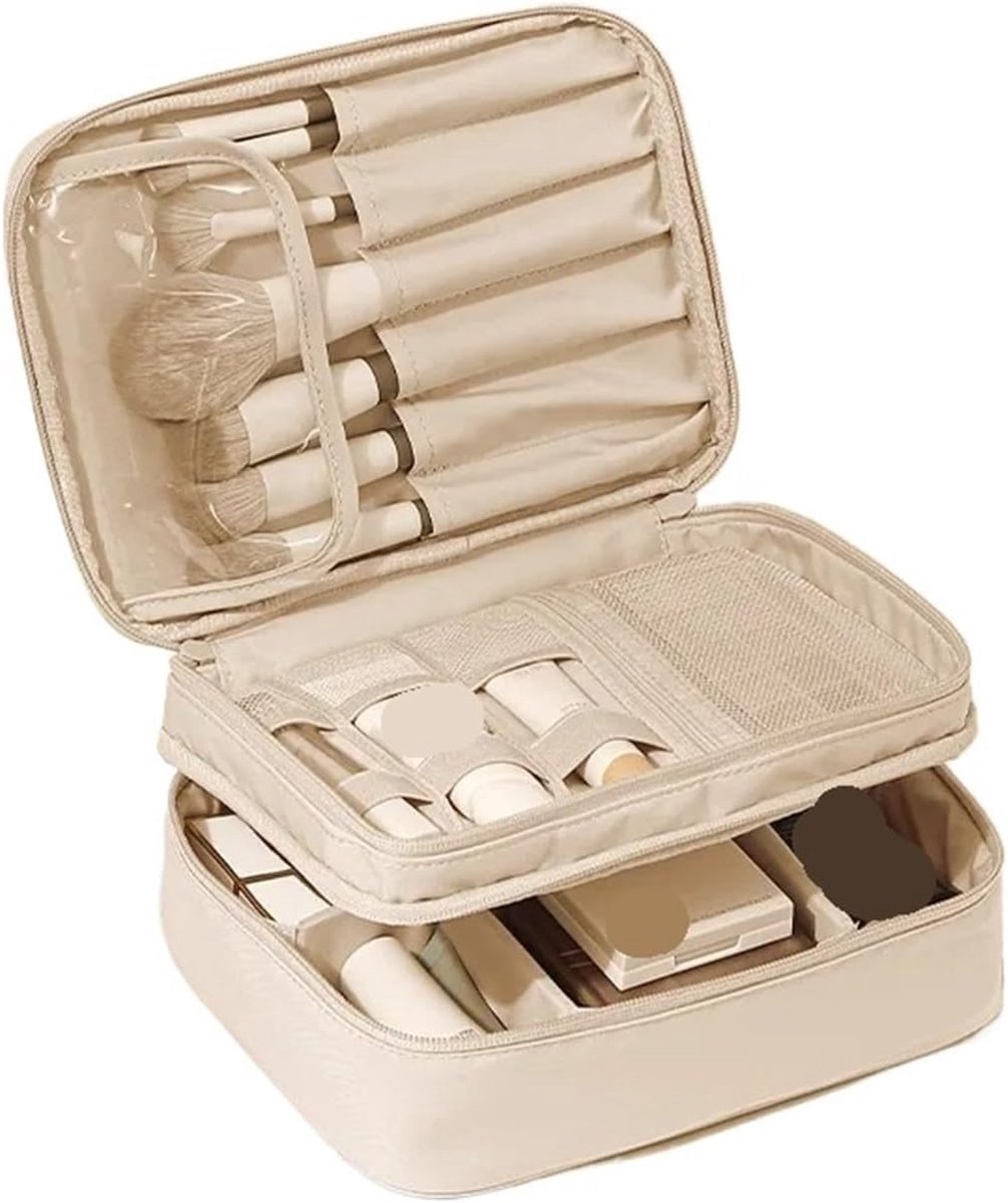 Makeup Bag - Cosmetic Storage Bag - Travel Bag - Large Capacity Makeup Bag - Women's Toiletry Bag - Portable Makeup Bag with Brush Holder and Compartments (Double-Layered Beige) - Image 1