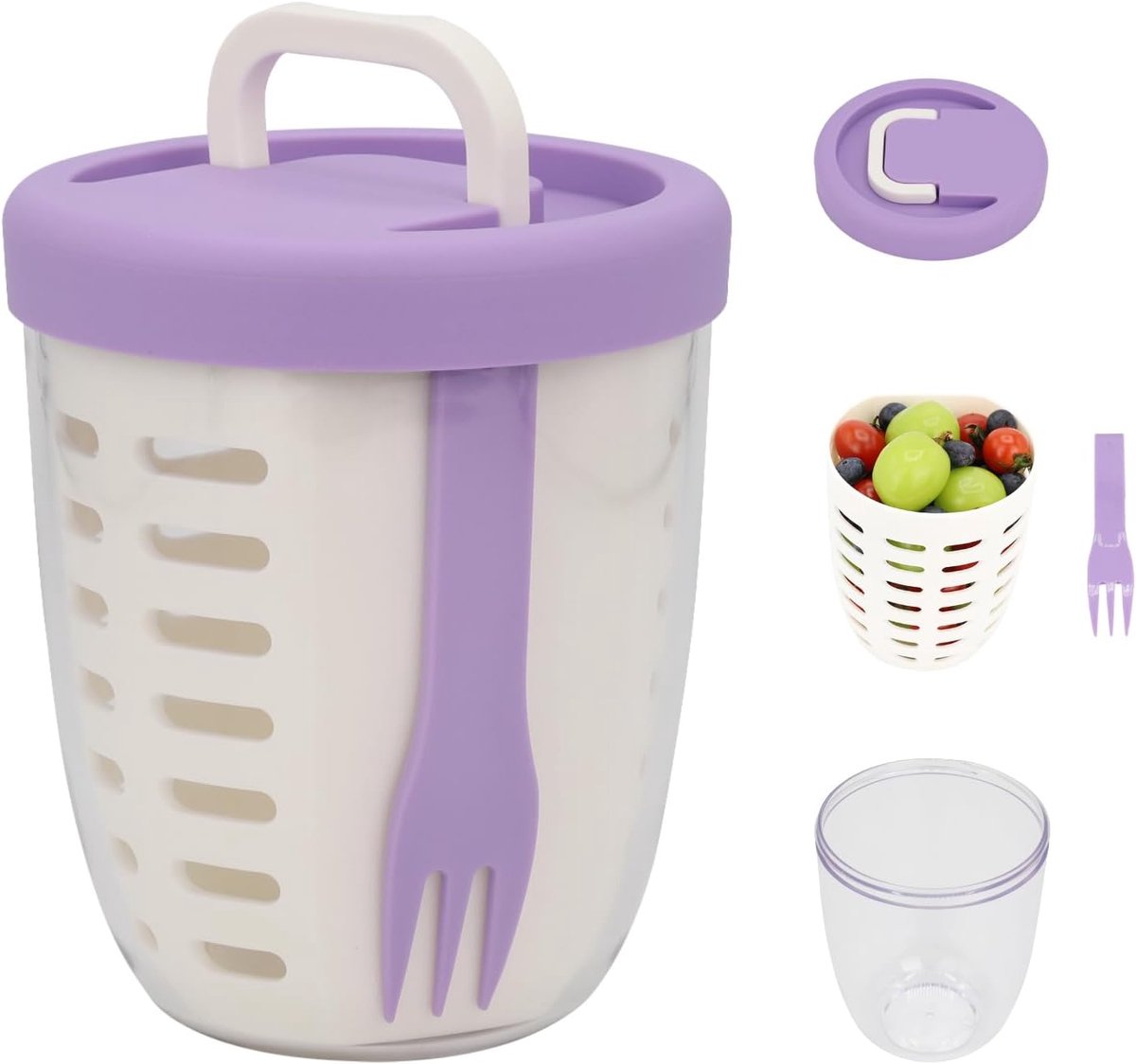 Fruit Bowl - Salad Bowl - Leakproof reusable food container with lid and draining basket - Suitable for work, school, and travel. - 650 ml (Purple) - Image 1