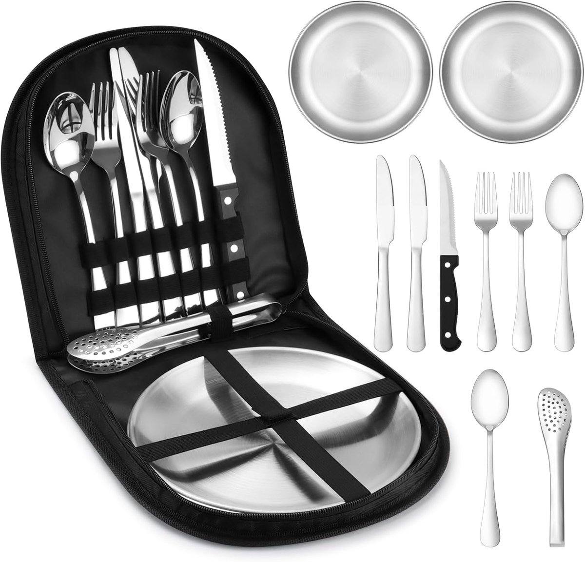 2 Person Cutlery Set (10-piece) - Camping Set for 2 People - Spoons, Knives, Forks, Steak Knives - 10 Pieces Stainless Steel Cutlery - Including Carrying Bag - For Picnic & Travel - Silver - Image 1