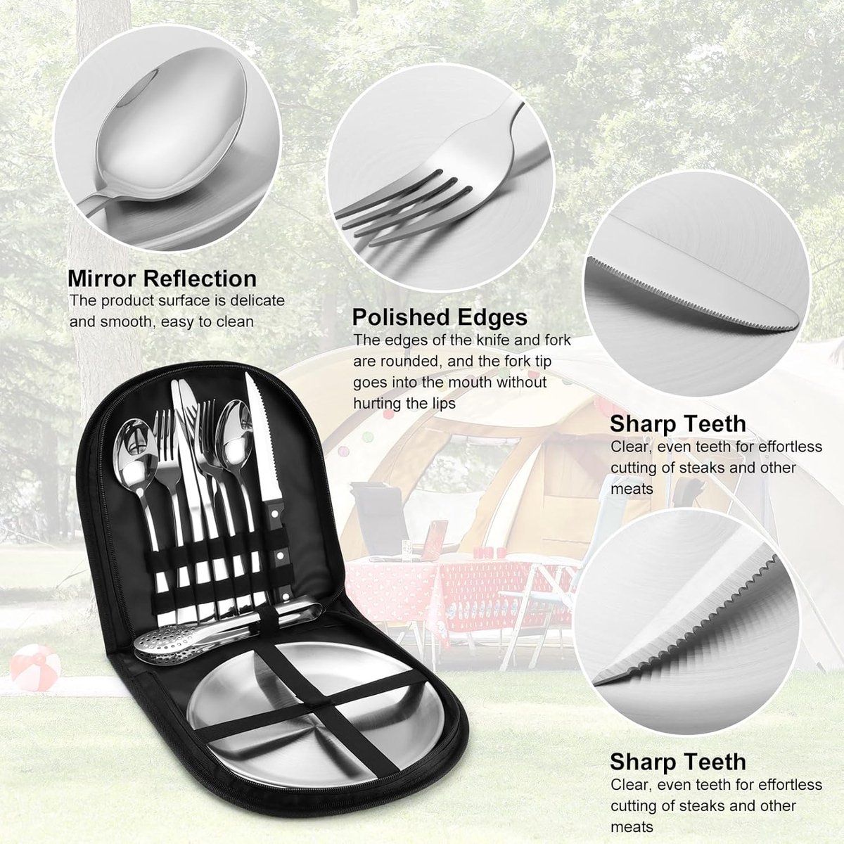 2 Person Cutlery Set (10-piece) - Camping Set for 2 People - Spoons, Knives, Forks, Steak Knives - 10 Pieces Stainless Steel Cutlery - Including Carrying Bag - For Picnic & Travel - Silver - Image 2