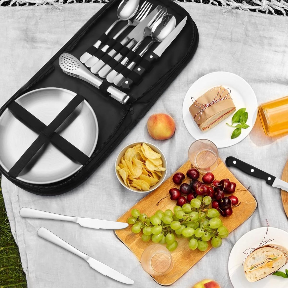 2 Person Cutlery Set (10-piece) - Camping Set for 2 People - Spoons, Knives, Forks, Steak Knives - 10 Pieces Stainless Steel Cutlery - Including Carrying Bag - For Picnic & Travel - Silver - Image 3