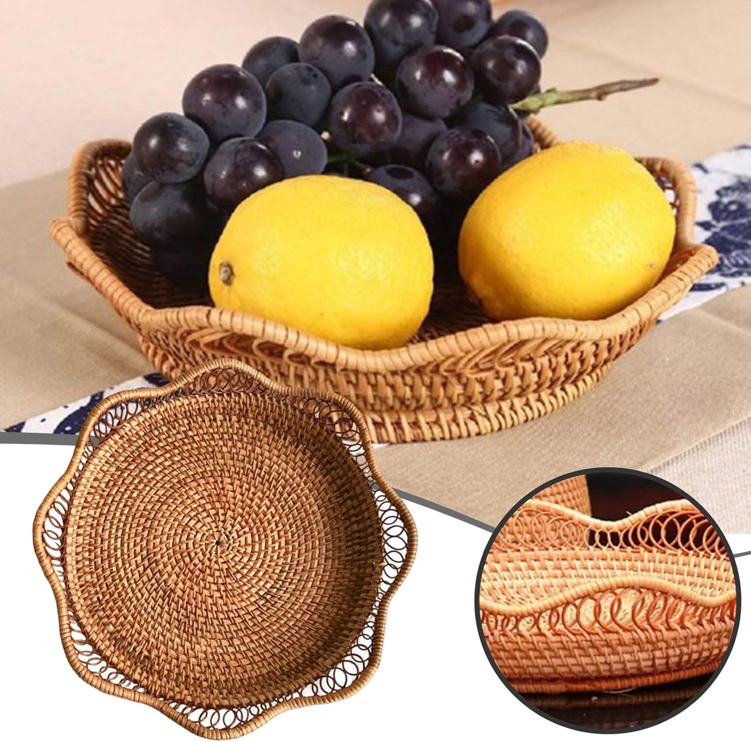 1pc Rattan Fruit Basket, Hand Woven Bread Basket, Tabletop Round Wicker Food Serving Storage Bowl, Natural Woven Decorative Baskets for Home Kitchen Counter Organizing - Image 1