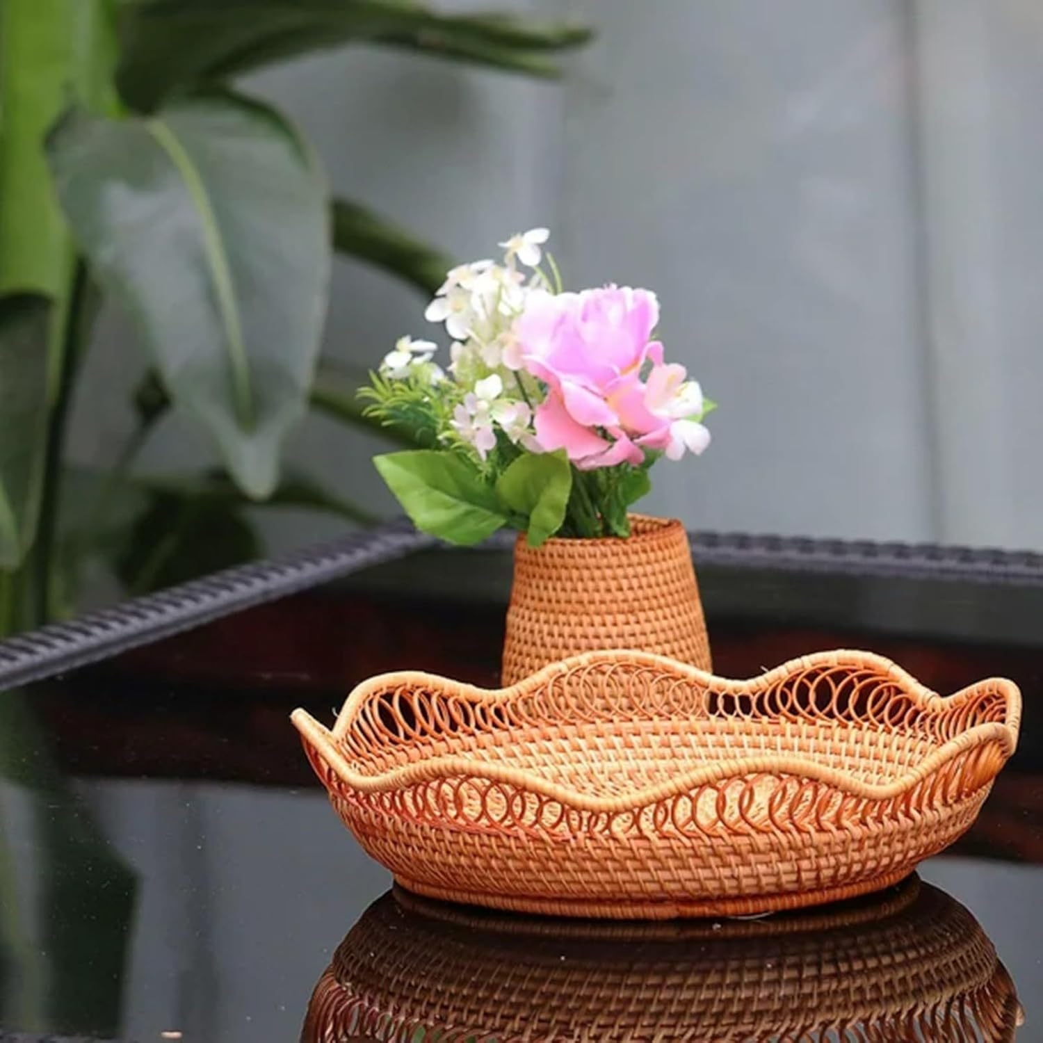 1pc Rattan Fruit Basket, Hand Woven Bread Basket, Tabletop Round Wicker Food Serving Storage Bowl, Natural Woven Decorative Baskets for Home Kitchen Counter Organizing - Image 5