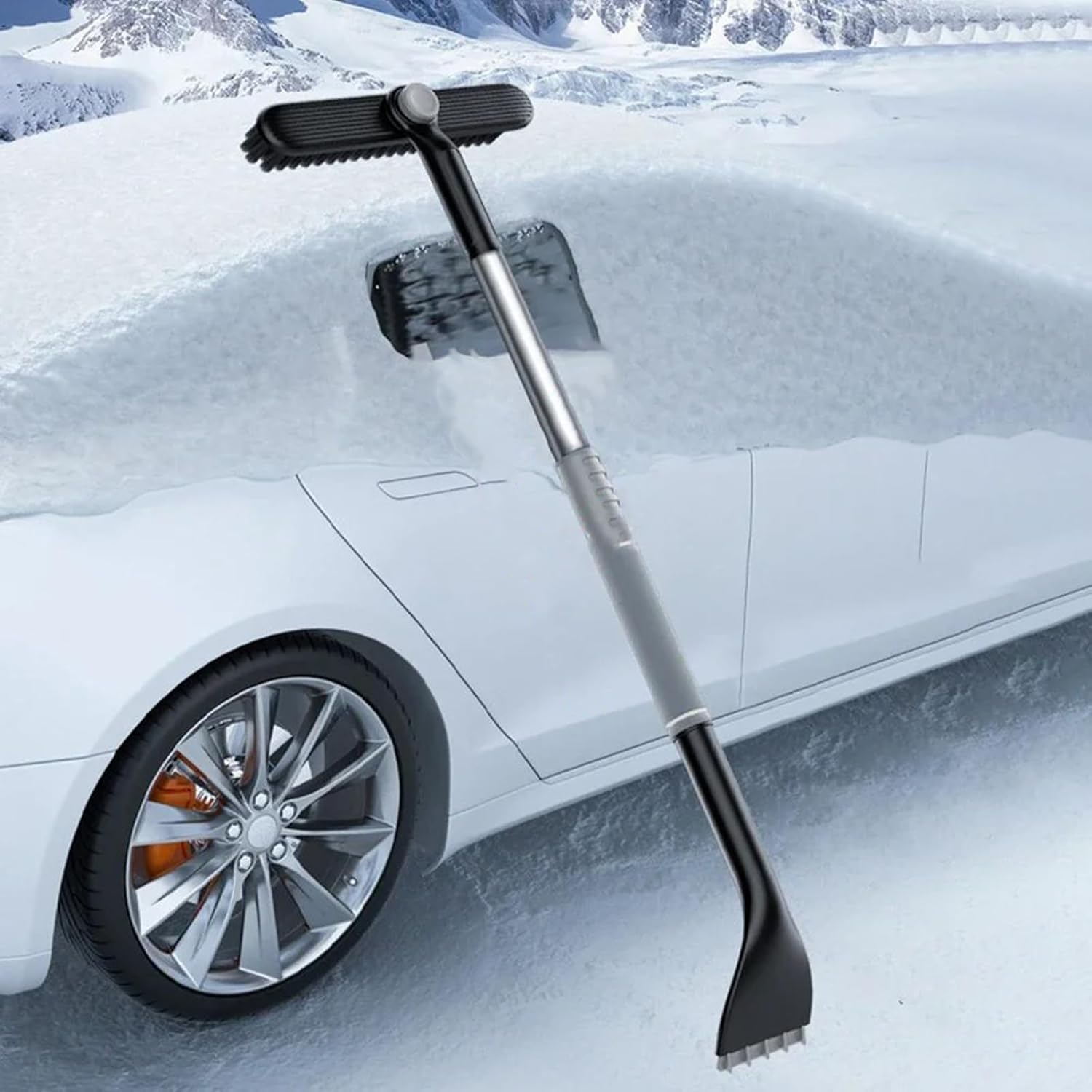 3-in-1 Snow Brush and Ice Scraper for Car Windows - Extendable Snow Remover - 360° Rotating Snow Brush and Ice Scraper with Long Handle (Gray) - Image 1