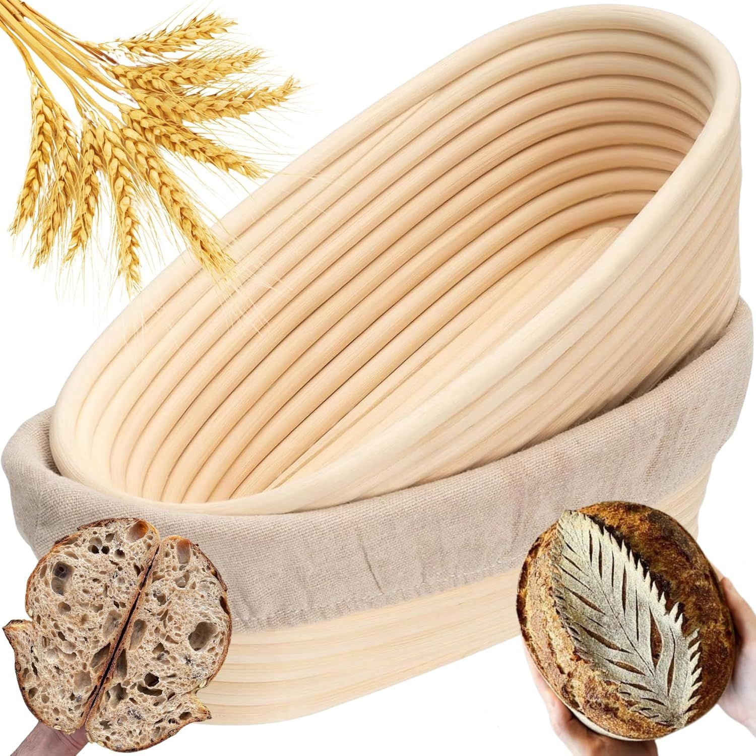 Proofing Basket - Bread Baking - Banneton | 21*15*8cm - Bread Proofing Basket - Oval Proofing Basket - Rattan Bread Pan - Dough Basket - incl. Dough Linen | 1 piece - Image 1