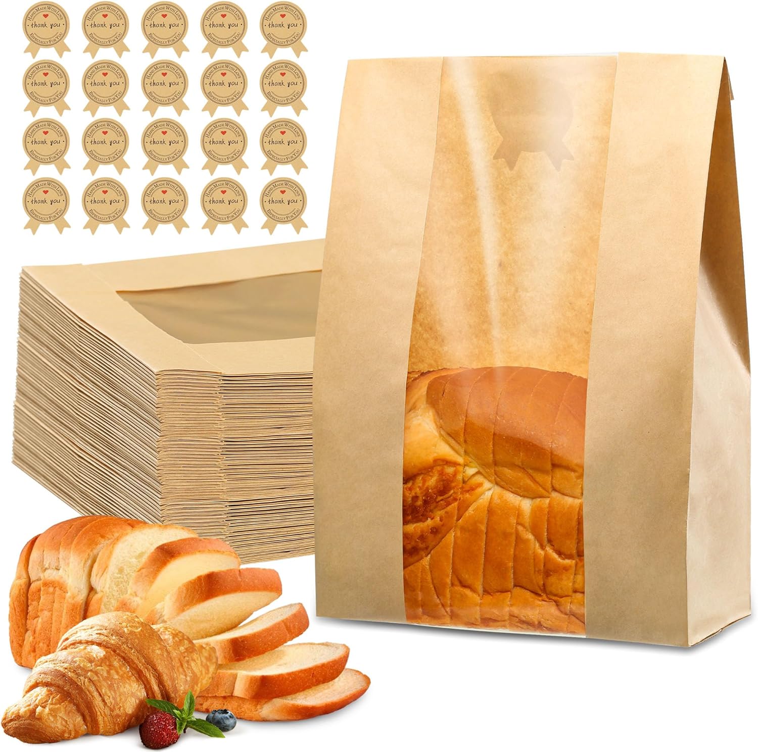 50 Pcs Bread Bag - Kraft paper with transparent window - 30*12*9 cm | Medium baking bag - Suitable for storing bread, cookies, and snacks - Includes resealable tape - Image 1