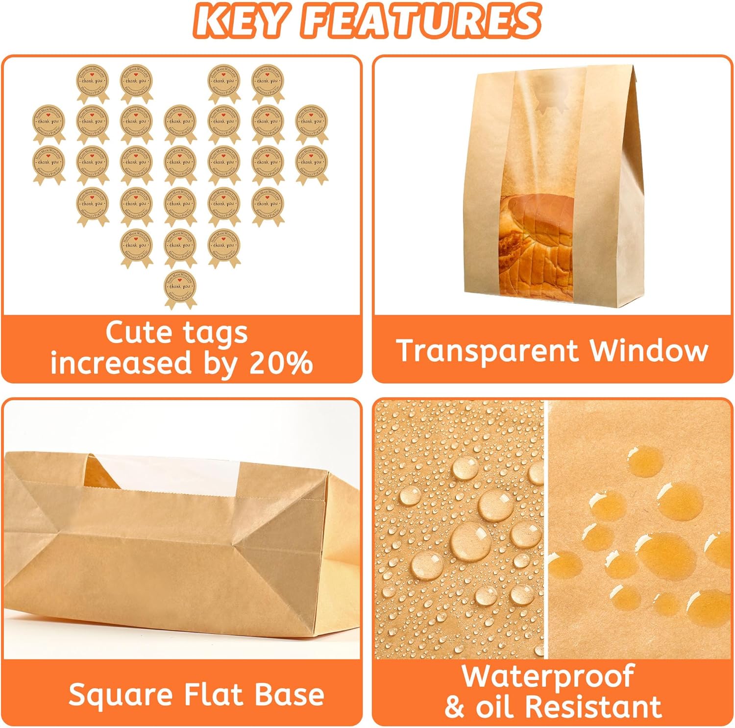 50 Pcs Bread Bag - Kraft paper with transparent window - 30*12*9 cm | Medium baking bag - Suitable for storing bread, cookies, and snacks - Includes resealable tape - Image 2
