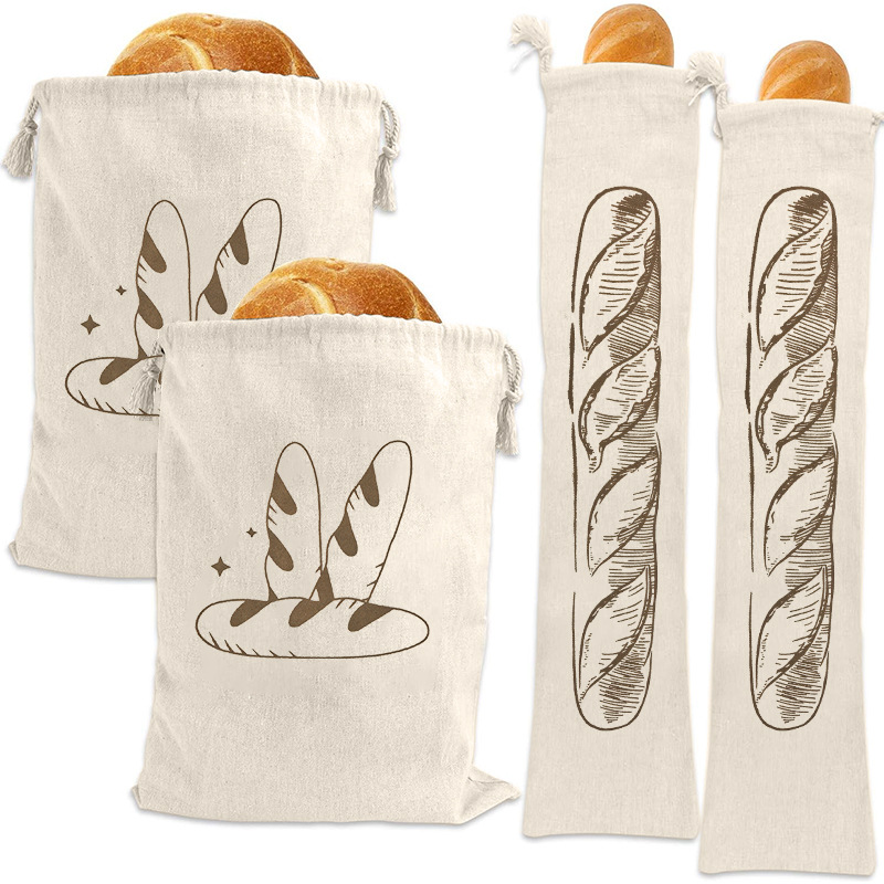 Bread Bag | Pack of 4 - Reusable Bread Bags - Drawstring Bread Bags - Storage Bags - Washable Fabric Bread Bags - Breathable Cotton - For Homemade Bread, Baguettes, and Other Pastries（Black） - Image 1