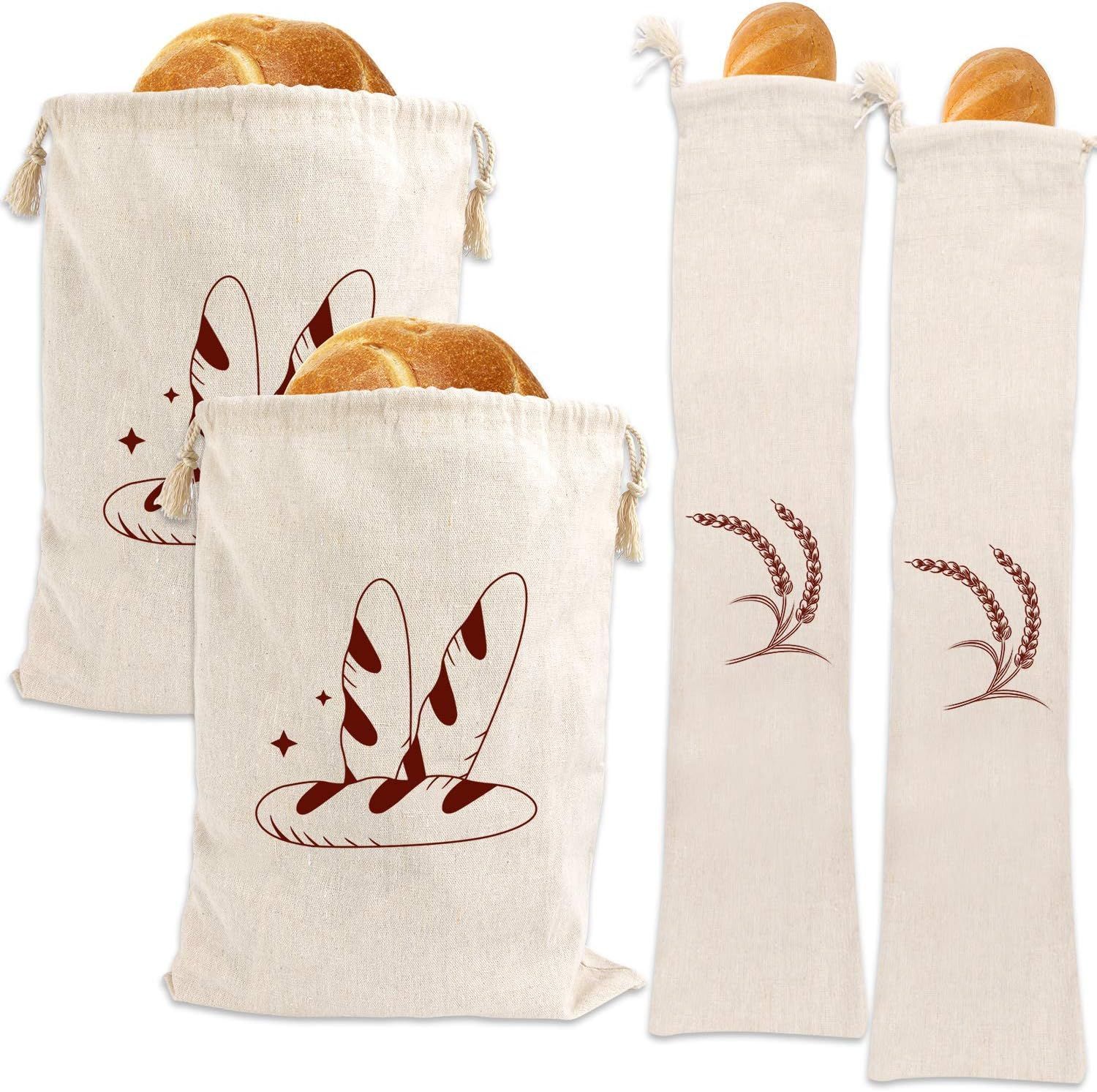 Bread Bag | Pack of 4 - Reusable Bread Bags - Drawstring Bread Bags - Storage Bags - Washable Fabric Bread Bags - Breathable Cotton - For Homemade Bread, Baguettes, and Other Pastries (Coffee Brown) - Image 1