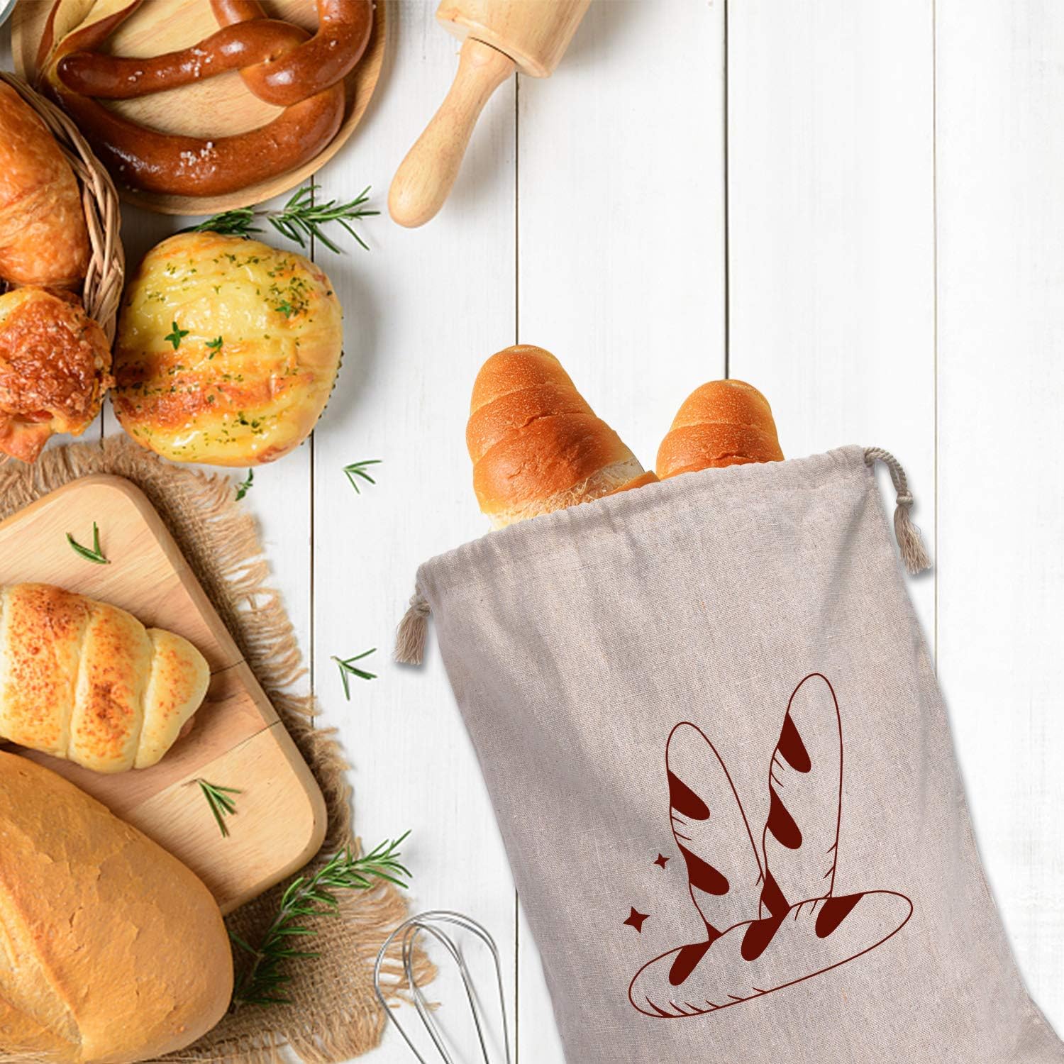 Bread Bag | Pack of 4 - Reusable Bread Bags - Drawstring Bread Bags - Storage Bags - Washable Fabric Bread Bags - Breathable Cotton - For Homemade Bread, Baguettes, and Other Pastries (Coffee Brown) - Image 5