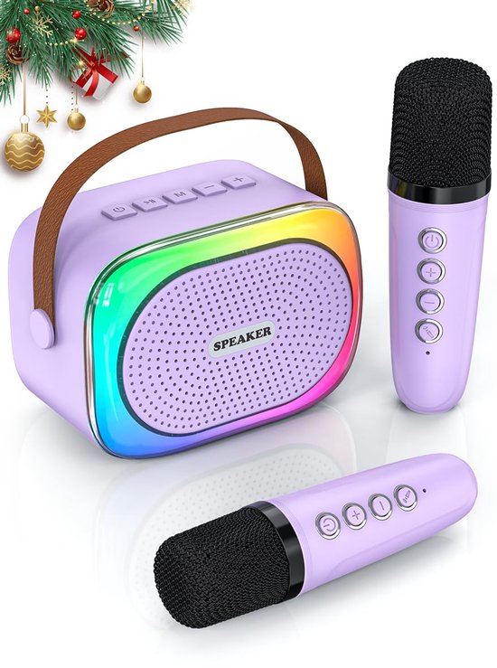 Karaoke set for kids - Portable Bluetooth speaker for car - Equipped with 2 karaoke microphones - Voice changer and LED lights - Ideal birthday gift for teenagers and children - Purple - Image 1