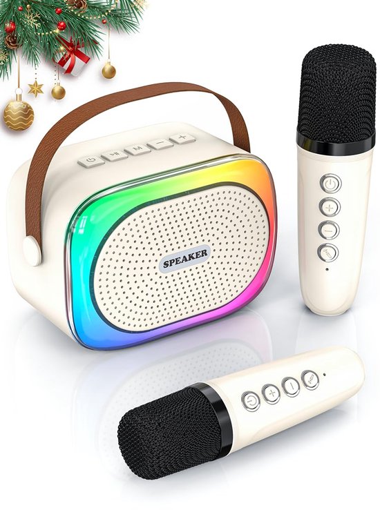 Karaoke set for kids - Portable Bluetooth speaker for car - Equipped with 2 karaoke microphones - Voice changer and LED lights - Ideal birthday gift for teenagers and children - Off-white - Image 1