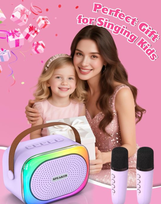 Karaoke set for kids - Portable Bluetooth speaker for car - Equipped with 2 karaoke microphones - Voice changer and LED lights - Ideal birthday gift for teenagers and children - Off-white - Image 2