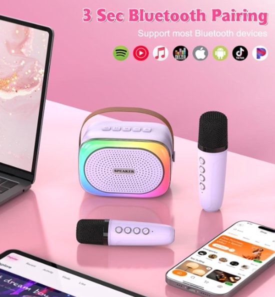 Karaoke set for kids - Portable Bluetooth speaker for car - Equipped with 2 karaoke microphones - Voice changer and LED lights - Ideal birthday gift for teenagers and children - Off-white - Image 3