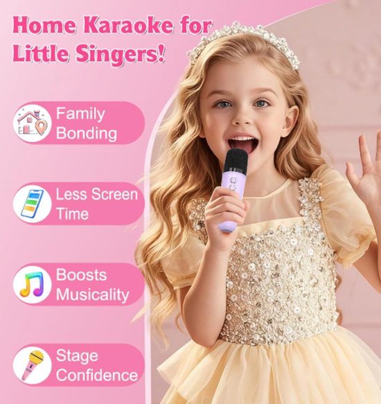 Karaoke set for kids - Portable Bluetooth speaker for car - Equipped with 2 karaoke microphones - Voice changer and LED lights - Ideal birthday gift for teenagers and children - Off-white - Image 4