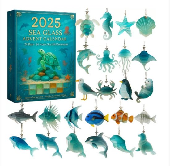 Advent Calendar 2025 - Ocean Creatures Glass Advent Calendar - Includes 24 unique, handcrafted 2D ocean-themed ornaments - cute and realistic sea creature Christmas decorations - Image 1