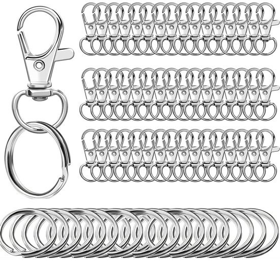 Small Stainless Steel Keychains - 100 Pieces Carabiner Keychains - DIY - DIY Ring - Snap Closure with Turning Button - (Silver) - Image 1