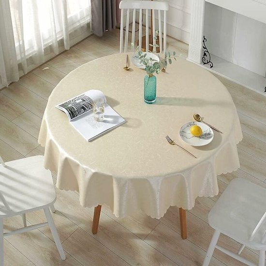 Round tablecloth - stain and oil resistant - fabric with elegant floral pattern - perfect for picnics - outdoor - garden - 140 cm diameter - restaurant - light beige - Image 1