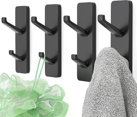 Coat Hooks - Self-Adhesive Hooks for Towels, Coats, Keys - Bathroom, Doors, Kitchens, Dorms - Black - Metal - Pack of 4 - Image 1