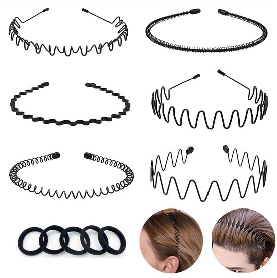 Headbands - Unisex Headbands (Set of 6) - Metal Headbands - Spring Wave Headbands - Sports Headbands - Non-Slip Headbands - Hair Accessories (Black) - Image 1