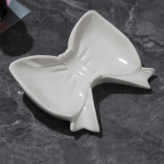 Bow Soap Dish - Ceramic Soap Organizer with Pink Bow - Bathroom Decor, Sponge Holder for Sink, Jewelry Storage Box, Bathroom Accessories for Countertop (White) - Image 1