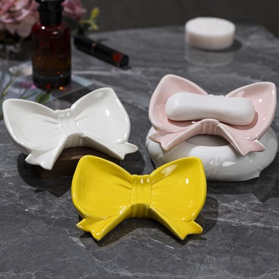 Bow Soap Dish - Ceramic Soap Organizer with Pink Bow - Bathroom Decor, Sponge Holder for Sink, Jewelry Storage Box, Bathroom Countertop Accessories (Yellow) - Image 4
